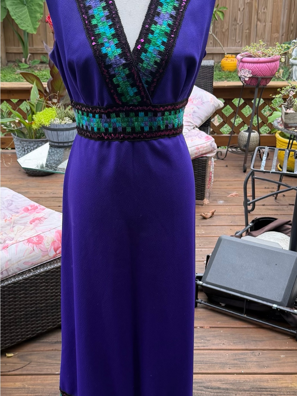 Vintage Purple Maxi Dress with Green and Teal Embroidered Trim